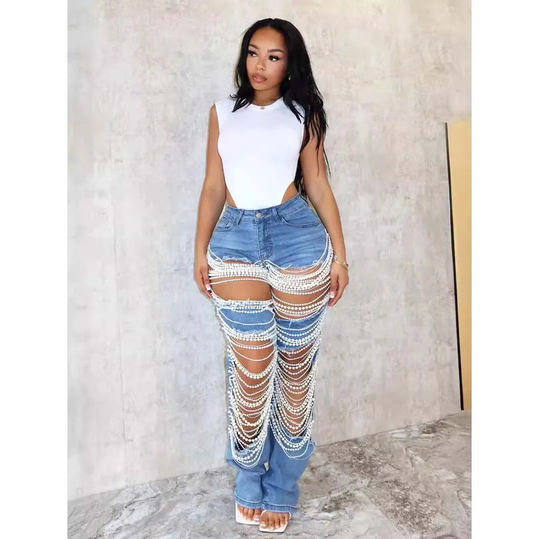 Ripped Denim Pearl Chain High Waist Jeans