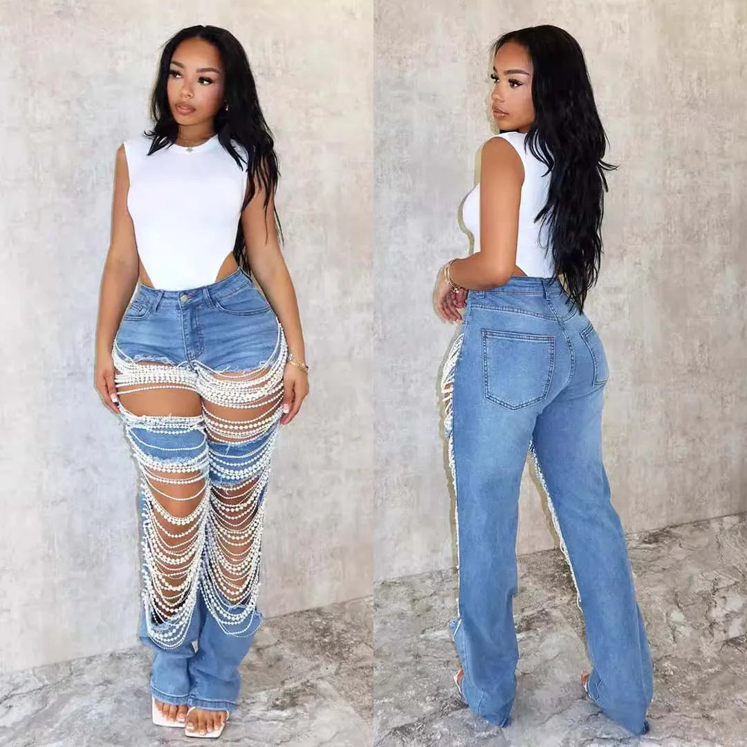 Ripped Denim Pearl Chain High Waist Jeans