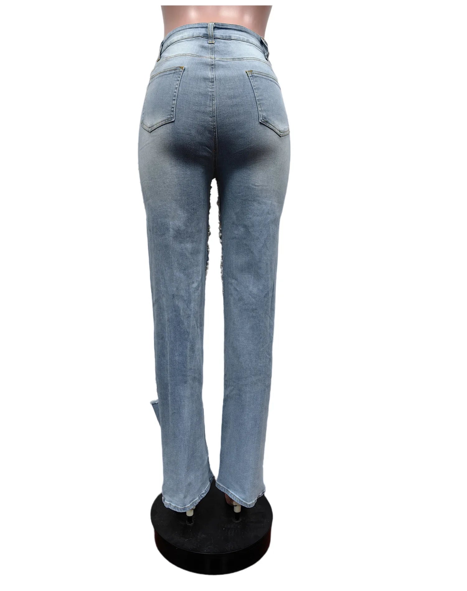 Ripped Denim Pearl Chain High Waist Jeans