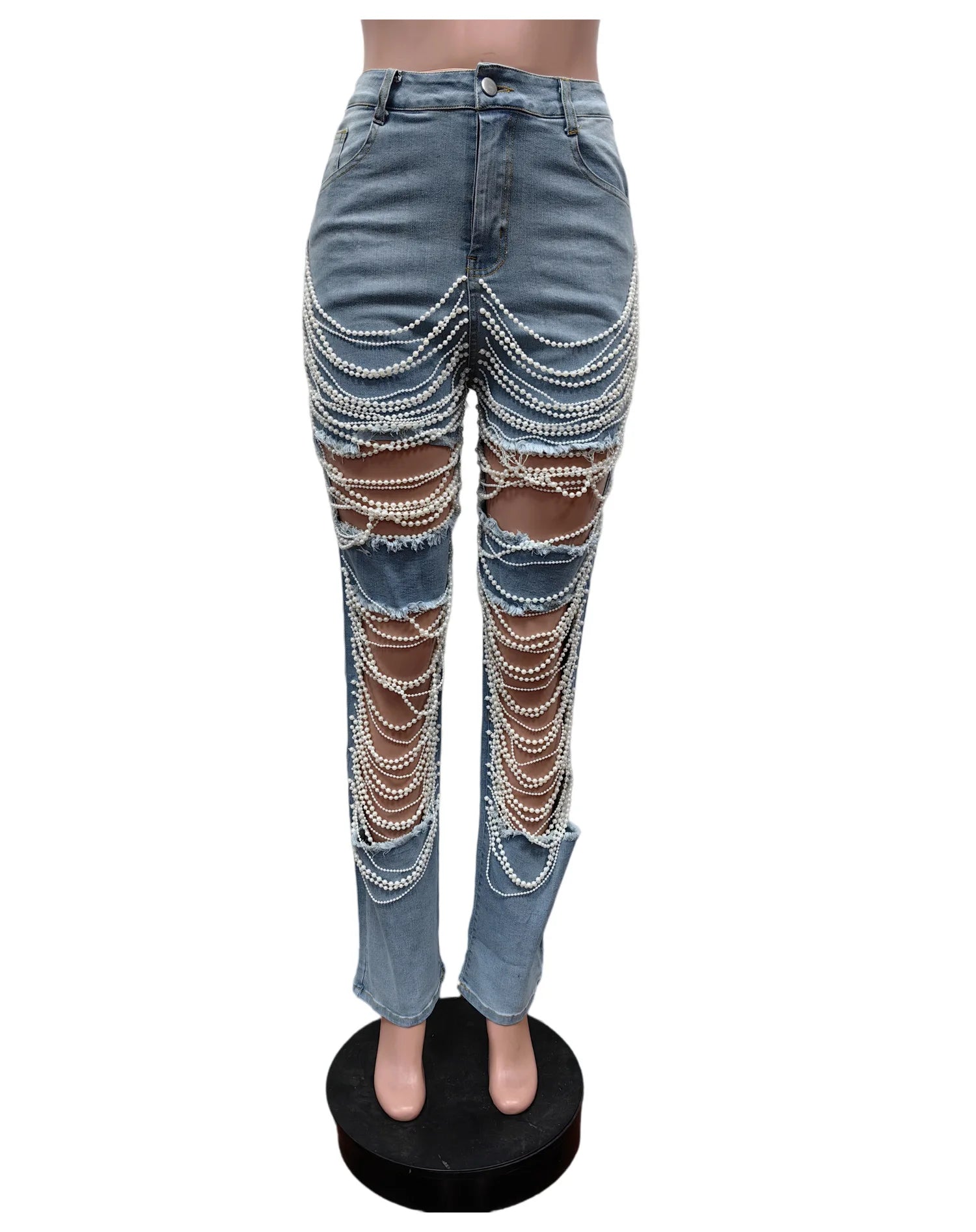 Ripped Denim Pearl Chain High Waist Jeans