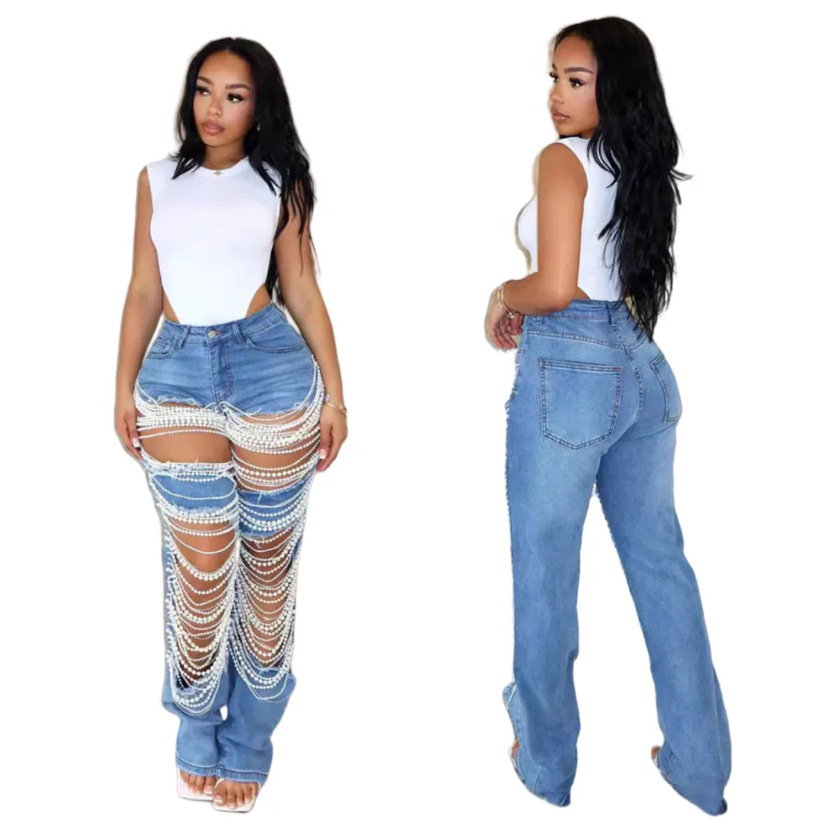 Ripped Denim Pearl Chain High Waist Jeans