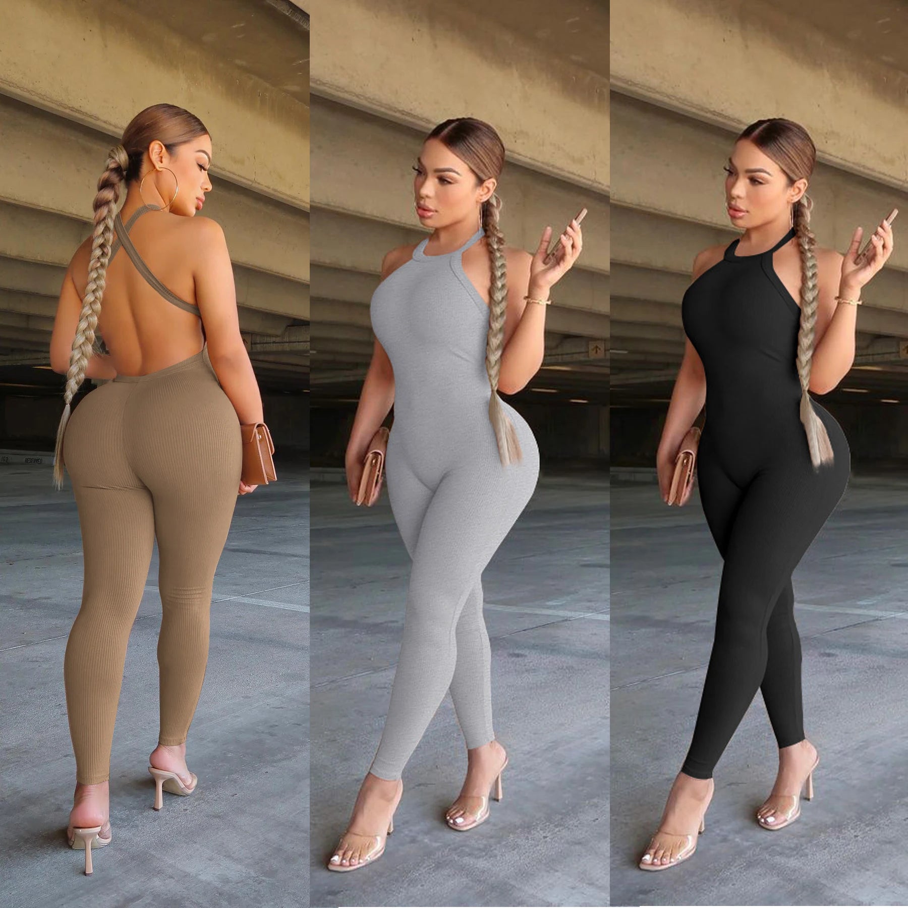 Ribbed One Piece Bodycon Backless Bodysuit