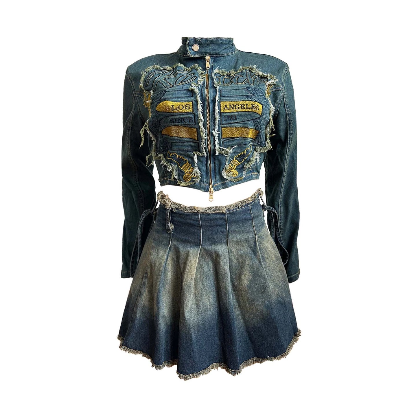 Embroidered Distressed Wash 2 Pc Denim Skirt Set