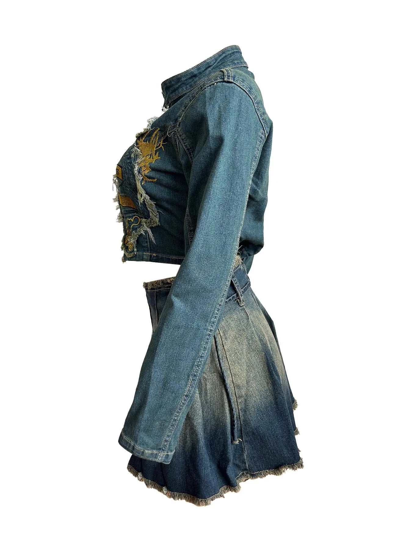 Embroidered Distressed Wash 2 Pc Denim Skirt Set