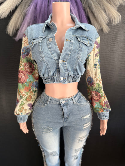 Street Chic Camo Denim Set – Crop Cardigan & Distressed Irregular Jeans